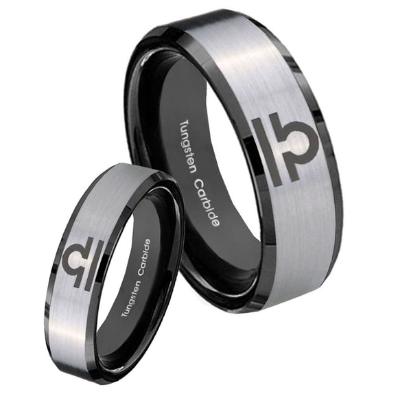 His Hers Libra Horoscope Beveled Brush Black 2 Tone Tungsten Promise Ring Set