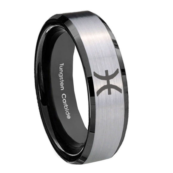 10mm Pisces Zodiac Beveled Brushed Silver Black Tungsten Wedding Bands Ring