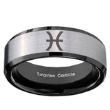 10mm Pisces Zodiac Beveled Brushed Silver Black Tungsten Wedding Bands Ring