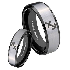 His Hers Sagittarius Zodiac Beveled Brush Black 2 Tone Tungsten Rings Set