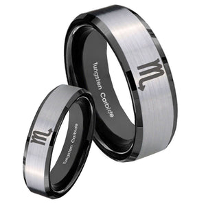 His Hers Scorpio Horoscope Beveled Brush Black 2 Tone Tungsten Rings Set