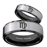 His Hers Virgo Zodiac Beveled Brush Black 2 Tone Tungsten Wedding Ring Set