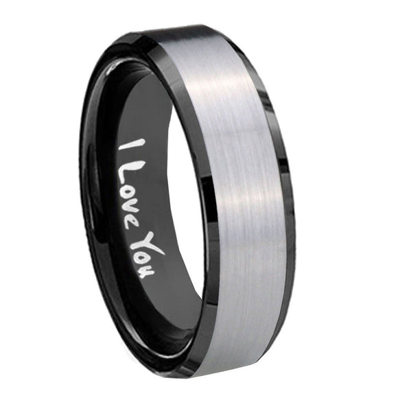 10mm I Love You Beveled Edges Brushed Silver Black Tungsten Wedding Band Ring