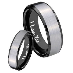 His Hers I Love You Beveled Brush Black 2 Tone Tungsten Men's Ring Set