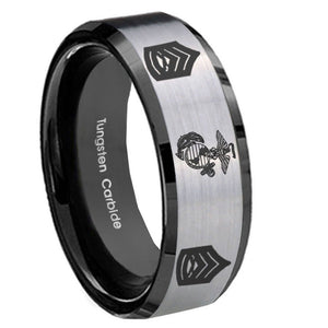 8mm Marine Army Sergeant Beveled Edges Brush Black 2 Tone Tungsten Men's Bands Ring