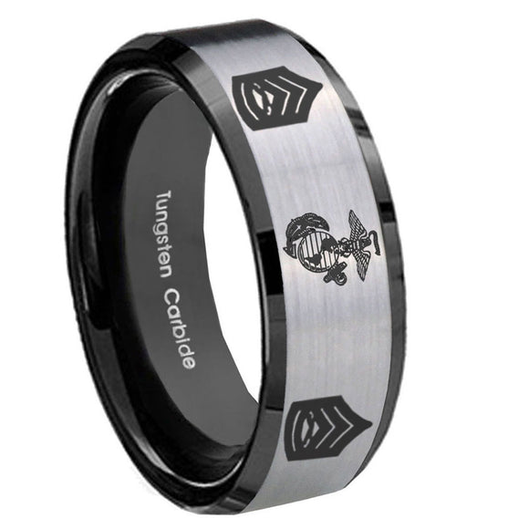 10mm Marine Army Sergeant Beveled Edges Brushed Silver Black Tungsten Engraved Ring