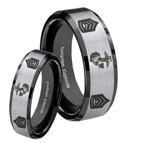 His Hers Marine Army Sergeant Beveled Brush Black 2 Tone Tungsten Men Ring Set