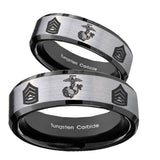 His Hers Marine Army Sergeant Beveled Brush Black 2 Tone Tungsten Men Ring Set