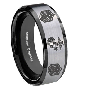 8mm Marine Chief Master Sergeant  Beveled Brush Black 2 Tone Tungsten Mens Ring Engraved