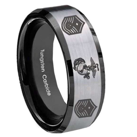 10mm Marine Chief Master Sergeant  Beveled Brushed Silver Black Tungsten Bands Ring