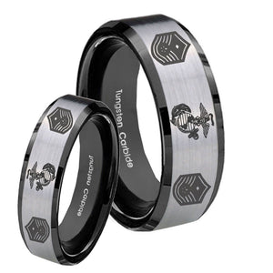 His Hers Marine Chief Master Sergeant  Beveled Brush Black 2 Tone Tungsten Bands Ring Set