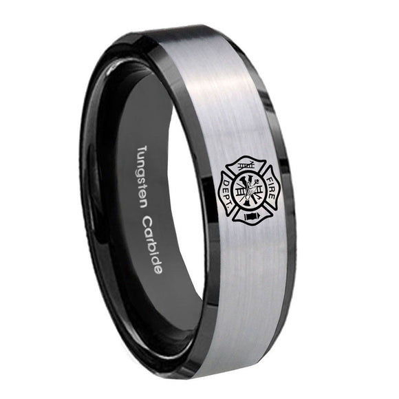 10mm Fire Department Beveled Brushed Silver Black Tungsten Anniversary Ring