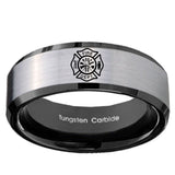 10mm Fire Department Beveled Brushed Silver Black Tungsten Anniversary Ring
