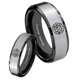 His Hers Fire Department Beveled Brush Black 2 Tone Tungsten Promise Ring Set
