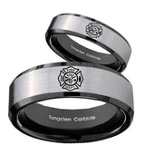 His Hers Fire Department Beveled Brush Black 2 Tone Tungsten Promise Ring Set