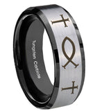 10mm Fish & Cross Beveled Brushed Silver Black Tungsten Men's Wedding Ring