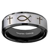 10mm Fish & Cross Beveled Brushed Silver Black Tungsten Men's Wedding Ring