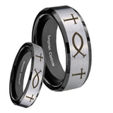 His Hers Fish & Cross Beveled Brush Black 2 Tone Tungsten Engagement Ring Set