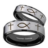 His Hers Fish & Cross Beveled Brush Black 2 Tone Tungsten Engagement Ring Set