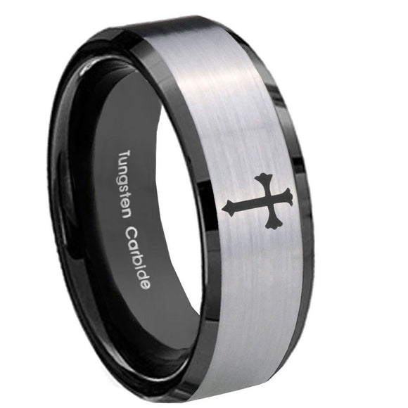 10mm Flat Christian Cross Beveled Brushed Silver Black Tungsten Men's Band Ring