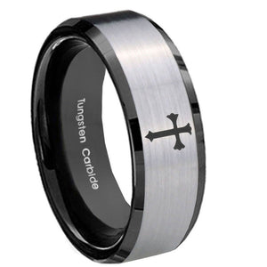 8mm Flat Christian Cross Beveled Brush Black 2 Tone Tungsten Mens Wedding Ring