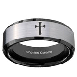 10mm Flat Christian Cross Beveled Brushed Silver Black Tungsten Men's Band Ring
