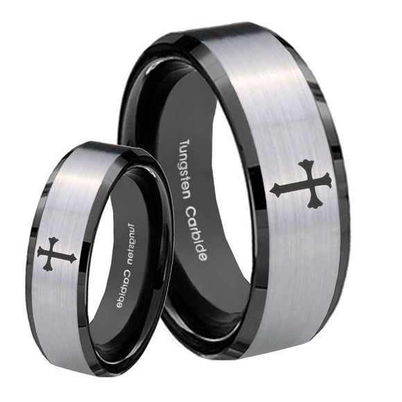 His Hers Flat Christian Cross Beveled Brush Black 2 Tone Tungsten Engraved Ring Set