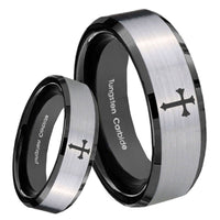 8mm Flat Christian Cross Beveled Brush Black 2 Tone Tungsten Mens Wedding Ring