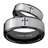 His Hers Flat Christian Cross Beveled Brush Black 2 Tone Tungsten Engraved Ring Set