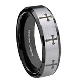 10mm Multiple Christian Cross Beveled Brushed Silver Black Tungsten Mens Ring