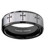 10mm Multiple Christian Cross Beveled Brushed Silver Black Tungsten Mens Ring