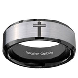 10mm Flat Christian Cross Beveled Brushed Silver Black Tungsten Bands Ring
