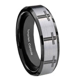 8mm Multiple Christian Cross Beveled Brush Black 2 Tone Tungsten Engagement Ring