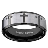 10mm Multiple Christian Cross Beveled Brushed Silver Black Tungsten Men's Ring