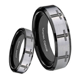 8mm Multiple Christian Cross Beveled Brush Black 2 Tone Tungsten Engagement Ring