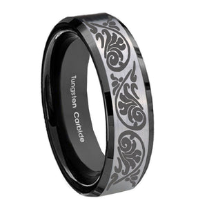 10mm Etched Tribal Pattern Beveled Brushed Silver Black Tungsten Bands Ring