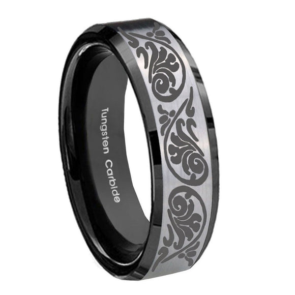 8mm Etched Tribal Pattern Beveled Edges Brush Black 2 Tone Tungsten Mens Ring