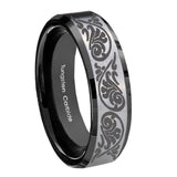 8mm Etched Tribal Pattern Beveled Edges Brush Black 2 Tone Tungsten Mens Ring