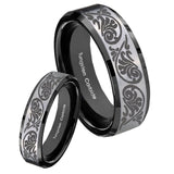 His Hers Etched Tribal Pattern Beveled Brush Black 2 Tone Tungsten Wedding Ring Set