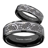 His Hers Etched Tribal Pattern Beveled Brush Black 2 Tone Tungsten Wedding Ring Set