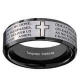 10mm Bible Lord's Prayer Cross Beveled Brushed Silver Black Tungsten Custom Mens Ring