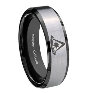 10mm Pester Master Masonic Beveled Brushed Silver Black Tungsten Mens Bands Ring