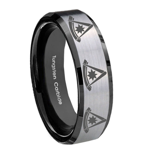 10mm Multiple Pester Master Masonic Beveled Brushed Silver Tungsten Mens Ring