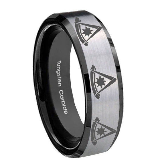 8mm Multiple Pester Master Masonic Beveled Brush Black 2 Tone Tungsten Mens Ring