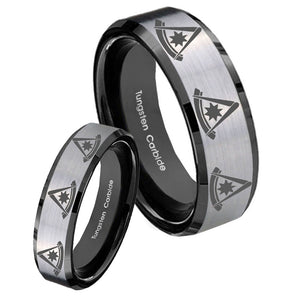 His Hers Multiple Pester Master Masonic Beveled Brush Black 2 Tone Tungsten Men's Ring Set