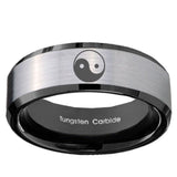 10mm Yin Yang Beveled Edges Brushed Silver Black Tungsten Carbide Mens Ring