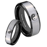 His Hers Yin Yang Beveled Edges Brush Black 2 Tone Tungsten Mens Ring Set