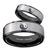 His Hers Yin Yang Beveled Edges Brush Black 2 Tone Tungsten Mens Ring Set