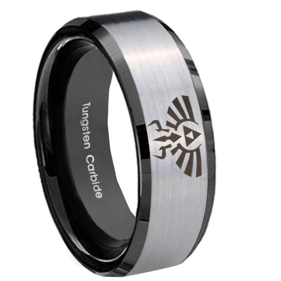 10mm Zelda Skyward Sword Beveled Brushed Silver Black Tungsten Engagement Ring