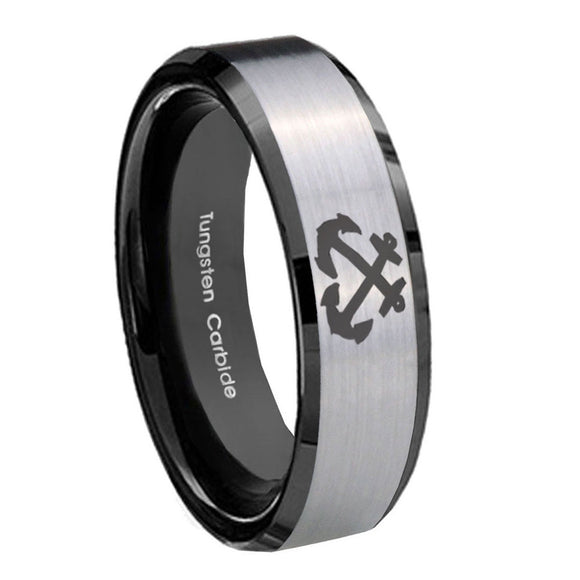 10mm Anchor Beveled Edges Brushed Silver Black Tungsten Carbide Engraved Ring